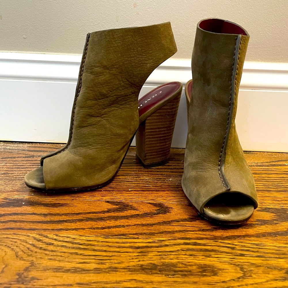 Coach olive leather peeptoe booties